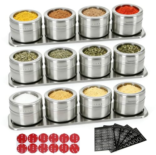 PORFOYO Gewürzdosen Magnetisch, 12 Stück 100 Ml Gewürze Spice Jars Magnetisch, Edelstahl Gewürzbehälter Leer, Gewürzdosen-Runder, Gewürzgläser Mit Separates Gewürzregal Und Gewürzaufklebern