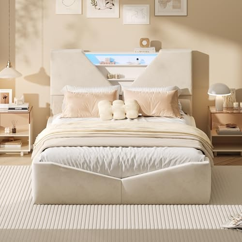 QLTXYHML Bettkasten, 140 x 200 cm, aus Samt, Beige, mit LED-Kopfteil und Stauraum, Doppelbett mit hydraulischem Stauraum, modernes und komfortables Design (Beige, 140 x 200 cm)