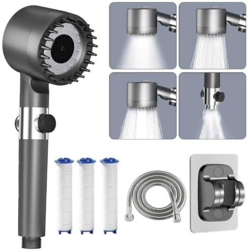 Filtered High Pressure Shower Head and Hose Kit, Powerful Shower Head with Silicone Scalp Massage Brush, 4-Mode Power Shower Heads, Hard Water Shower Heads - for Chlorine Removal