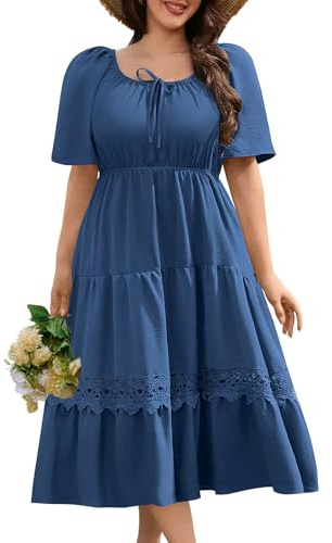 CMTOP Sommerkleid Damen Große Größen Kleider Sommer Maxikleider Elegant Quadratischer Ausschnitt Midikleid Gerafft Lang Freizeitkleid Leicht Fließend Strandkleid Kurzarm A Linie (Blau, 4XL)