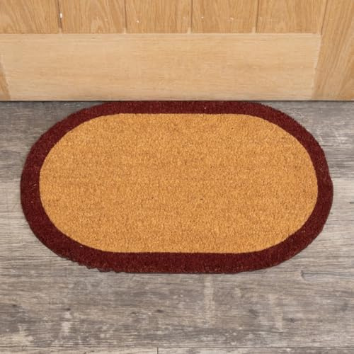 Melody Maison Natural Oval Coir Door Mat with a Wine Red Border