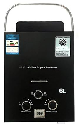 Tragbarer Gas-Durchlauferhitzer für Outdoor, 12KW Leistung & 6L/Min - Für Garten, Camping, Baustelle - Mit Schlauch & Duschkopf - Automatische Zündung (Propangas)