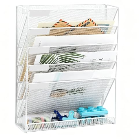 WEELOO 6-Tier Wall File Organiser Magazine File Holder, A4 File Holder | Metal Mail Rack, Document Organiser Office Accessories for Home Office School (White)