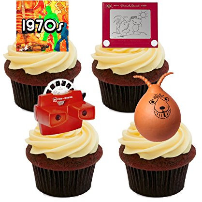 70s Retro Toys, Edible Cake Decorations - Stand-up Wafer Cupcake Toppers (Pack of 12)