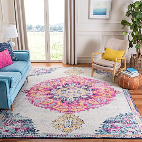 SAFAVIEH Distressed Teppich für Wohnzimmer, Esszimmer, Schlafzimmer - Madison Collection, Kurzer Flor, Elfenbein und Fuchsia, 91 X 152 cm