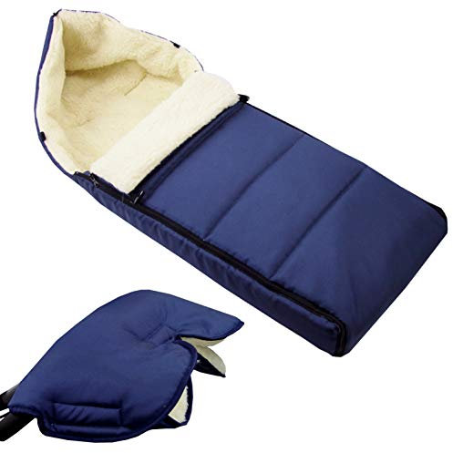 BAMBINIWELT KOMBI-ANGEBOT Muff + Winterfußsack 108cm - aus Lammwolle für Kinderwagen, Buggy, Radanhänger - WOLLE - LINIERT (marine)