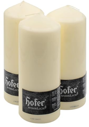 Hofer - Velas cilíndricas de columna – Larga duración: aproximadamente 80 horas – Juego de 3 velas, 8 x 20 cm, color marfil – cera antigoteo