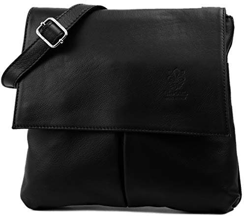 SH Leder Echtleder Umhängetasche Schultertasche Crossover aus Gernarbt Rindleder 26x25cm Kim G182 (Schwarz Nappa)