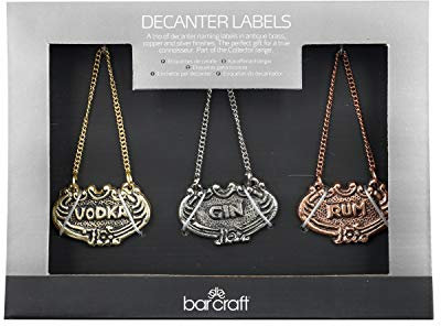 BarCraft Set di Targhette Personalizzate Rum, Vodka e Gin per Decanter in Alluminio, in Confezione Regalo, Colori Assortiti, 3 Pezzi