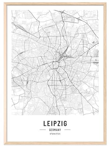 JUNOMI® Leipzig Poster DIN A2 mit Rahmen Natur, DIN A2 Wohnzimmer Deko, Modernes Wandbild, Leipzig Bild, Wandbild mit Rahmen, Stadtplan Poster Leipzig, perfekte Geschenkidee für Leipziger