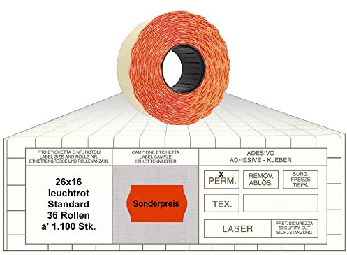 Preisauszeichner Etiketten mit Aufdruck 26x16 Standard leuchtrot 36 Rollen permanent Preisetiketten für Printex Tovel Meto Blitz Open