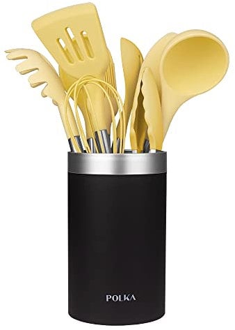 Cecotec Utensilios de Cocina de Silicona Polka Experience Vulcano. Set de 9 piezas Amarillo, Recubierto Soft touch y Mango de Acero. Materiales: Silicona, Nylon y PP, Incluye Holder Polka