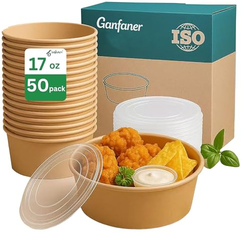 ganfaner 17oz Kraft Paper Bowls with Lids 500ml, 50 Sets Disposable Meal Prep Container Microwave Safe, to Go Salad Bowl Compostable for Lunch Party Picnic Snack Takeaway