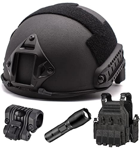 Schwerer NIJ IIIA Aramid-Militärkugelsicherer Helm, Ballistischer Taktischer Helm, Airsoft-Weste, Militärische Taktische Weste, Mit Taschenlampe Und Halterung,Bk 3