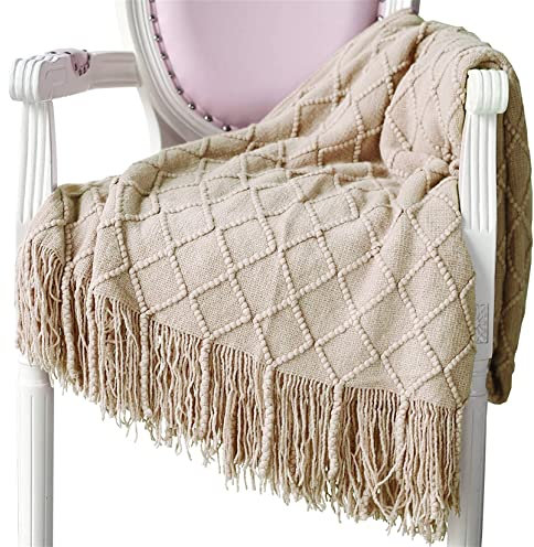 Hayisugal Wohndecke Weich Strick Wolldecke Quaste Kuscheldecke Sofadecke Schlafdecke Decke, Khaki, 125 x 210cm