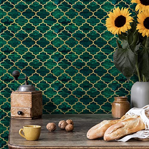 funlife Peel and Stick Textured Vinyl Tile Stickers for Kitchen Bathroom, 15X30cm, Emerald Golden Lantern Pattern