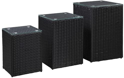 ZEYUAN Beistelltisch, Sofatisch, Druckertisch, Laptop Tisch, Couchtisch, Sofa Tisch, Kaffetisch,e 3 STK. mit Glasplatte Schwarz Poly Rattan