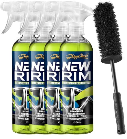 ShinyChiefs WHEELBRUSH Set- Weiche Mikrofaser Felgenbürste zur Reinigung hartnäckiger Verschmutzungen + 4X NEWRIM säurefreier Felgenreiniger mit extremer Löskraft - 40cm Bürste, 4X 500ml Reiniger