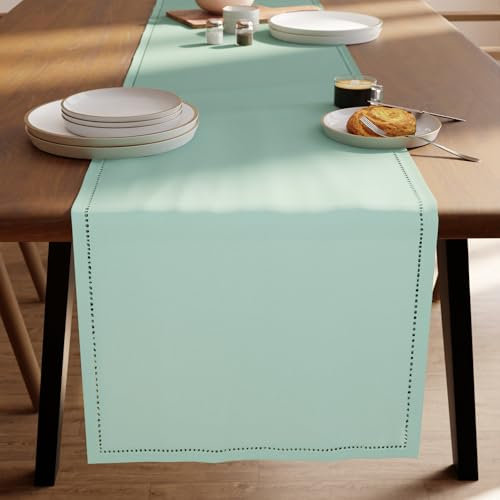 Encasa XO Tischläufer | Reine Baumwolle mit Hohlsaumdesign | Größe 32x150 cm | Mint Green - Maschinenwaschbar