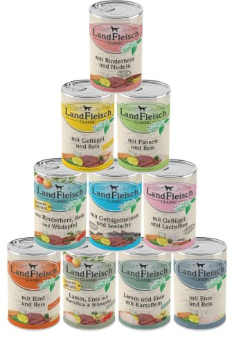 Landfleisch Classic 10 x 400g | Garantierter 10-Sorten-Mix | Mit hochwertigem Fleisch, Rapsöl (Omega-3 & 6), ohne Gluten, Zucker, GVO & Soja | Nassfutter für Hunde