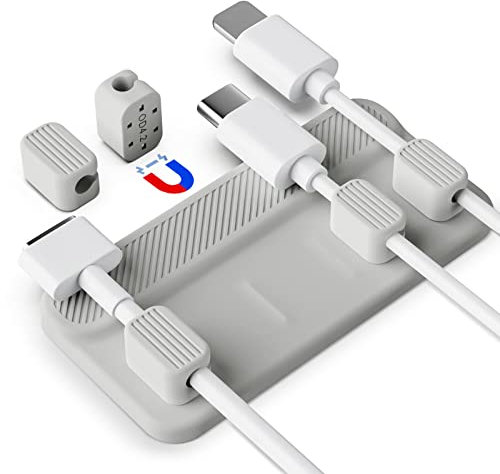Sikai Magnetic Cable Management Silicone Cable Holder, Desk Charging Cable Tidy,5 Clips for Lightning Cable, USB-C Cable, Micro Cable, Sticks to Wood, Marble, Metal and Glass (Grey)
