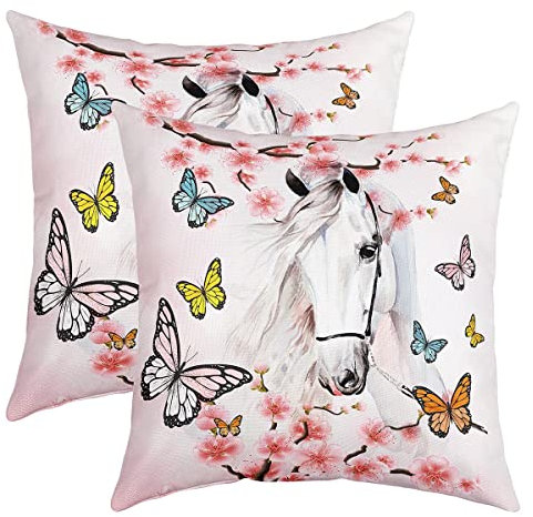 Pferd Kissenbezüge 40x40cm 2er Set Kissenbezüge Weiches galoppierendes Pferd Schmetterling Rosa Kissenhülle Kissenbezug Sofa Schlafzimmer Auto Umkehrbar Nette Tier Dekor Sofakissen Couchkissen