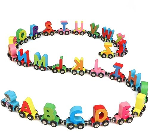 KABENFIS 27 PCS Hölzerne Alphabet Zug Set schließen 1 Motor Holz Magnetische Zug Auto Spielzeug EIN