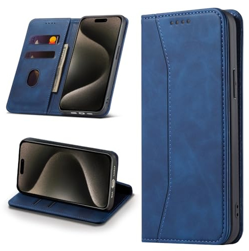 Leaisan Handyhülle für iPhone 15 Pro Max Hülle Premium Leder Flip Klappbare Stoßfeste Magnetische [Standfunktion] [Kartenfächern] Schutzhülle für iPhone 15 Pro Max 5G (6,7 Zoll) Tasche - Blau