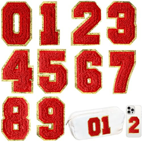 10 Pcs Large Red 3 Inch 0-9 Chenille Number Patches, Iron on Numbers for Fabric and Clothing, Glitter Embroidery Varsity for Letterman Jacket, Backpacks Hats, Sew or Iron on