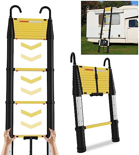 SWANEW 3.8M Teleskopleiter mit Softclose, EIN-Knopf-Rรผckzugs Teleskopleitern mit 2 Abnehmbarem Haken, Aluminium Teleskop Rutschfester Max Belastung 150 kg (Schwarz)