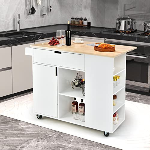 KOMFOTTEU Isla de Cocina con Encimera Extensible, Carro de Servicio de Madera con 5 Ruedas, Mueble de Almacenamiento con Cajón, Armario con Puerta, Estante Abierto y Toallero, Barra Comedor (Blanco)