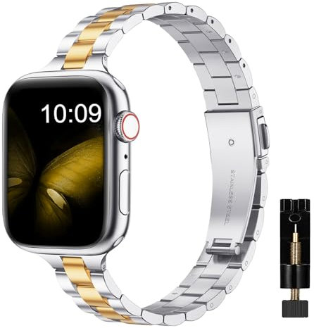 MaEiol Metal Correa para Apple Watch 41mm 40mm 38mm /Series 10 42mm, Correas Acero Inoxidable Delgada Pulsera Repuesto para Apple Watch SE/Series 10 9 8 7 6 5 4 3 2 1, Oro&Plata