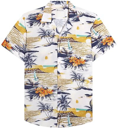 siliteelon Mens Hawaiian Shirt Cotton Regular Fit Short Sleeve No Iron Casual Beach Summer Aloha Shirt White