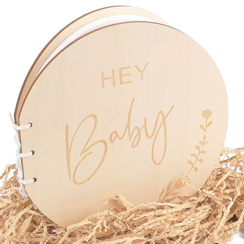 EFUTURETIME Babyparty Gästebuch mit Holzeinband, Gästebuch Taufe Rund mit 35pcs Blanko Papier, Dekoration Geschenk Album für Baby Shower, Zukünftiger Eltern, Neutral, Muster B
