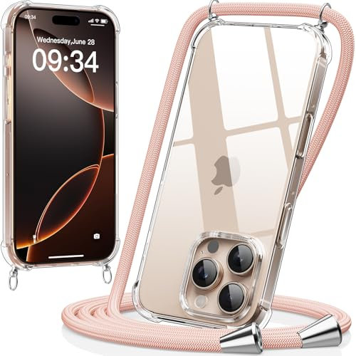 caslord Handyband kompatibel mit iPhone 16 Pro 6,3 Zoll, Necklace Hülle mit Bands Handyhülle für zum Umhängen, Transparent Case mit Handykordel,Stoßfeste Schutzhülle zum Umhängen Kordel,Rosa