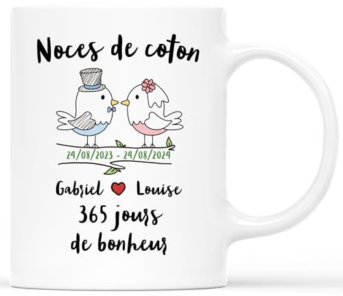𝗖𝗔𝗗𝗘𝗔𝗨 𝗣𝗟𝗨𝗦 Mug Personnalisé Prénom - Noces De Coton 365 Jours De Bonheur - Idée Cadeau Anniversaire De Mariage, Cadeau 1 An de Mariage, Tasse Amour, Tasse Couple Personnalisable