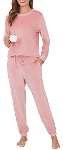Wikoan Pyjama Polaire Ensembles de Pyjama Hiver Femme Combinaison Pyjama Chaud et Doux pour Femme Pyjama Set à Manches Longues Rose XL