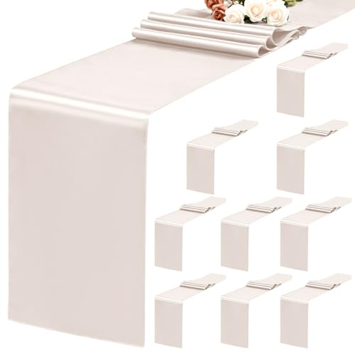 Teruntrue 10 Stück cremefarbene Tischläufer, 30 x 183 cm, Satin-Tischläufer für rechteckige runde Tische, cremefarbener Tischläufer für Hochzeiten, Geburtstagsbankette, Verlobungen, Party-Dekoration