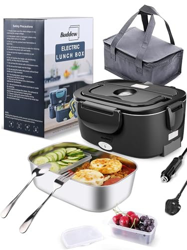 Buddew Electric Lunch Box 80W Lunch Heater for Adults, 12/24/110-230V Portable Food Warmer for Travel & Work, 1.5L, Loncheras para Hombres de Trabajo (Black)