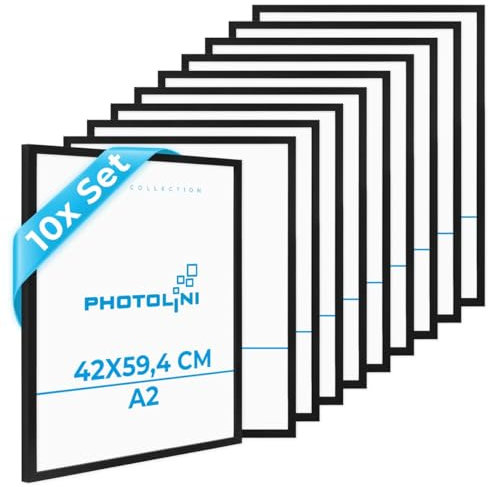 PHOTOLINI Cadre A2 42 x 59,4 bois MDF noir, lot de 10 cadres photo pour posters et affiches, verre acrylique incassable, décoration murale à suspendre, avec accessoires supplémentaires