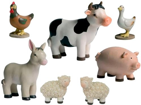 Tradineur - Set de 7 Figuras de Animales para Belén - Vaca, Burro, Gallo, Pato y 2 ovejas - Adorno Divertido para Nacimiento, Navidad, decoración Tradicional