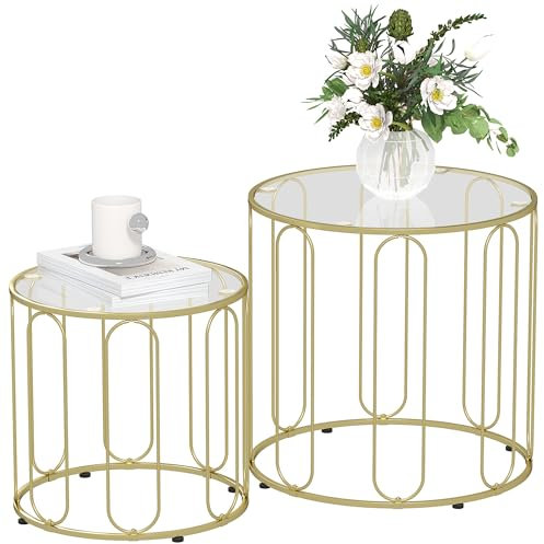 HOMCOM Round Coffee Table Set of 2, Glass Nest of Tables with Metal Frame and Tempered Glass Tabletop for Living Room, Gold Tone