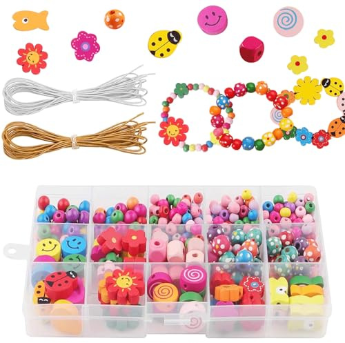 Canollo 400 Stück Holzperlen zum Auffädeln, bunt, mit 2 Fäden | Perlenset für Kinder ab 4 Jahren, Armbänder selber machen, Halsketten gestalten, Bastelspaß für Zuhause, kreative DIY Ideen