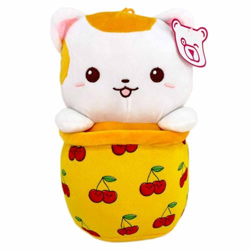 Katzen Kuscheltier im Bubble Tea – 25 cm – Kawaii Style mit gesticktem Gesicht & Schlaufe zum Anhängen (Gelb)