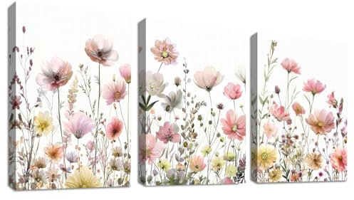 WENGTIAO 3 Stück Bunte Wilde Blumen Leinwand Bilder Kunstdrucke Gerahmtes Bild Rot Rosa und Gelb Geblümt Malerei auf Leinwand für Moderne Wohnzimmer Schlafzimmer Wanddeko 40x60cm x3