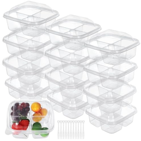 byepica Lot de 50 boîtes alimentaires en plastique transparent avec 200 fourchettes en plastique, 4 compartiments, couvercles étanches, idéales pour l'école, le travail et les voyages
