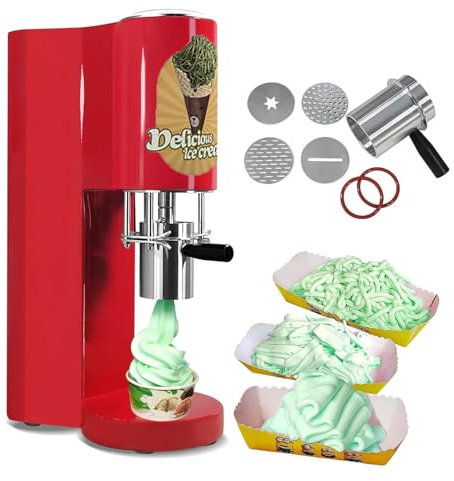 flatpincololee 80W Commercial Stainless Steel Ice Cream Maker with 4 Pasta Molds, 4-in-1 Versatile Dessert Maker, Ice Cream Noodle Press, 420 ml Capacity, Gelato Maker Ice Cream,Red
