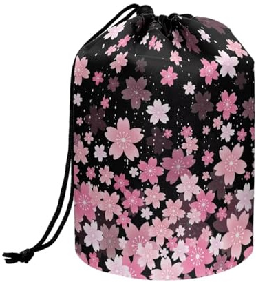 Wnbucioht Cherry Blossom Drawstring Makeup Bag for Womens Girly Cute Travel Toiletry Bucket Bag Portable Large Barrel Stand up Wash Bag Womens Open Flat Toiletry Bag Multifunctional Cosmetic Bag