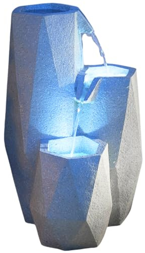 Festive Lights - Fontana bianca da giardino Serenity a cascata con illuminazione a LED ad energia solare, effetto pietra, per esterni, in poliresina, funzione timer, design contemporaneo, IP44, cavo