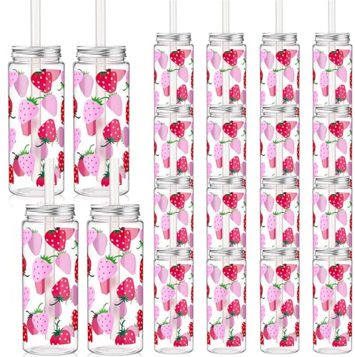 LemonRoad 24 Pcs Strawberry Plastic Cups with Lid and Straw 14 oz Reusable Strawberry Themed Party Decorations Tumbler Beer Can Iced Coffee Cup for Preppy Party Decoration